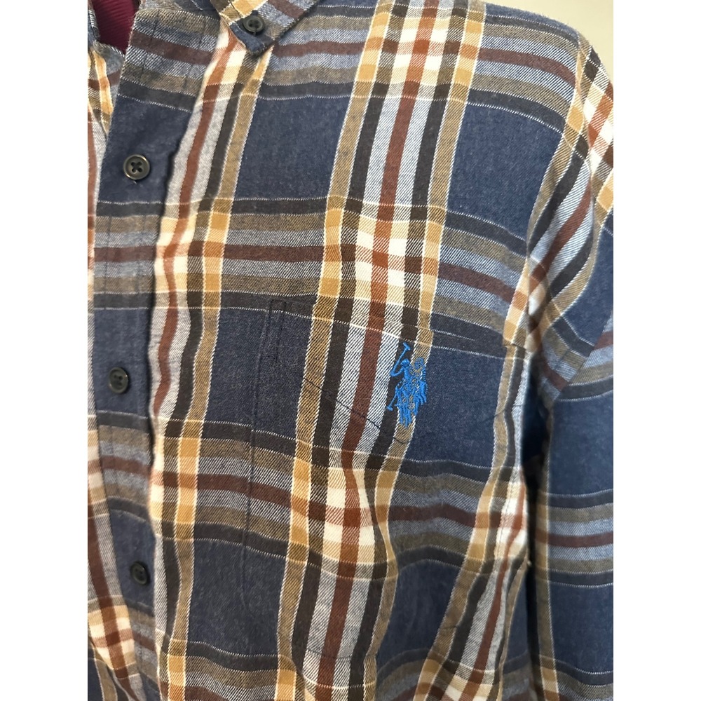 US Polo Assn Mens 2XL Plaid Flannel Shirt Navy Blue Brown Long Sleeve Button Up